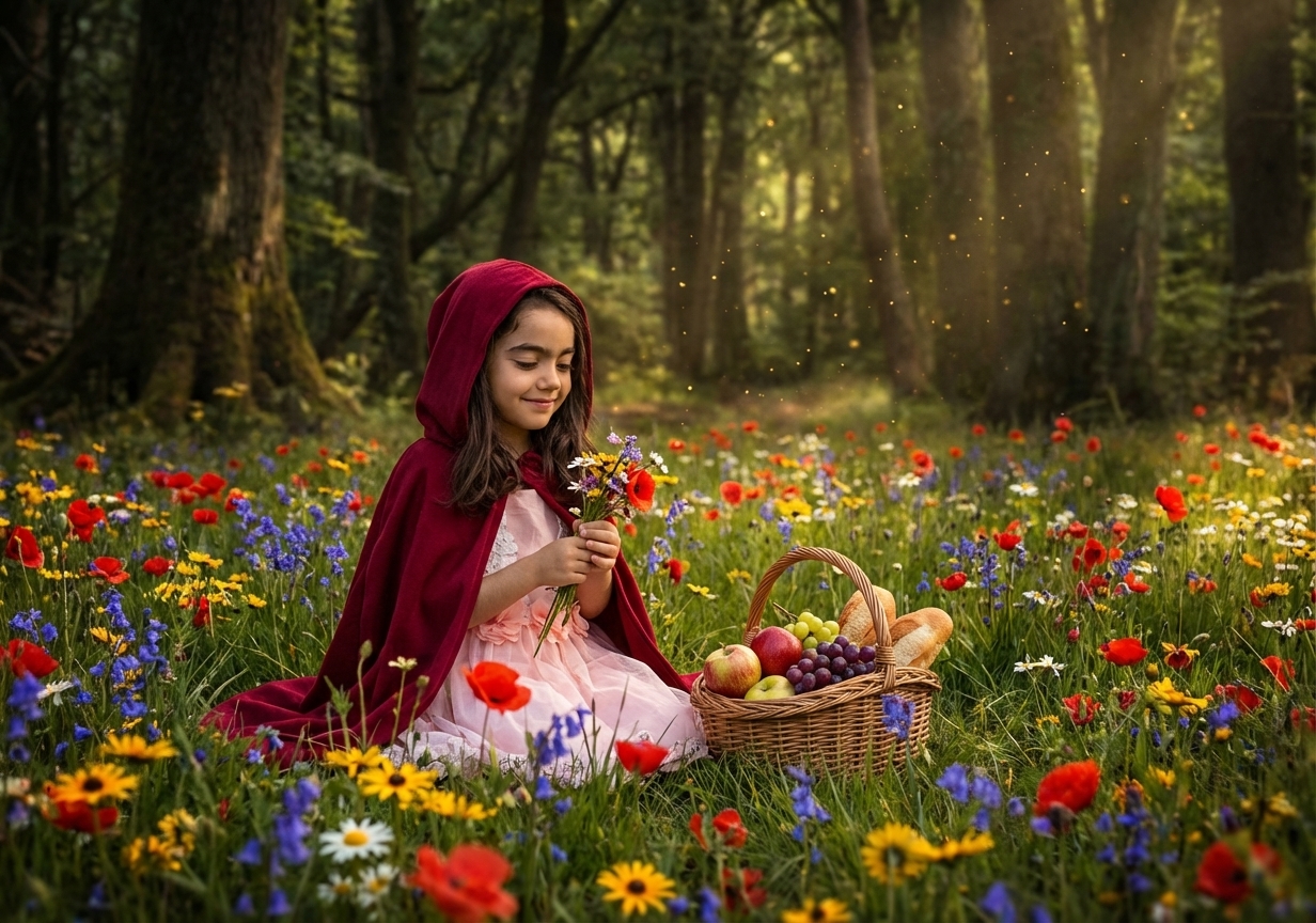 Menina de capa vermelha sentada num campo florido, como a protagonista de um conto