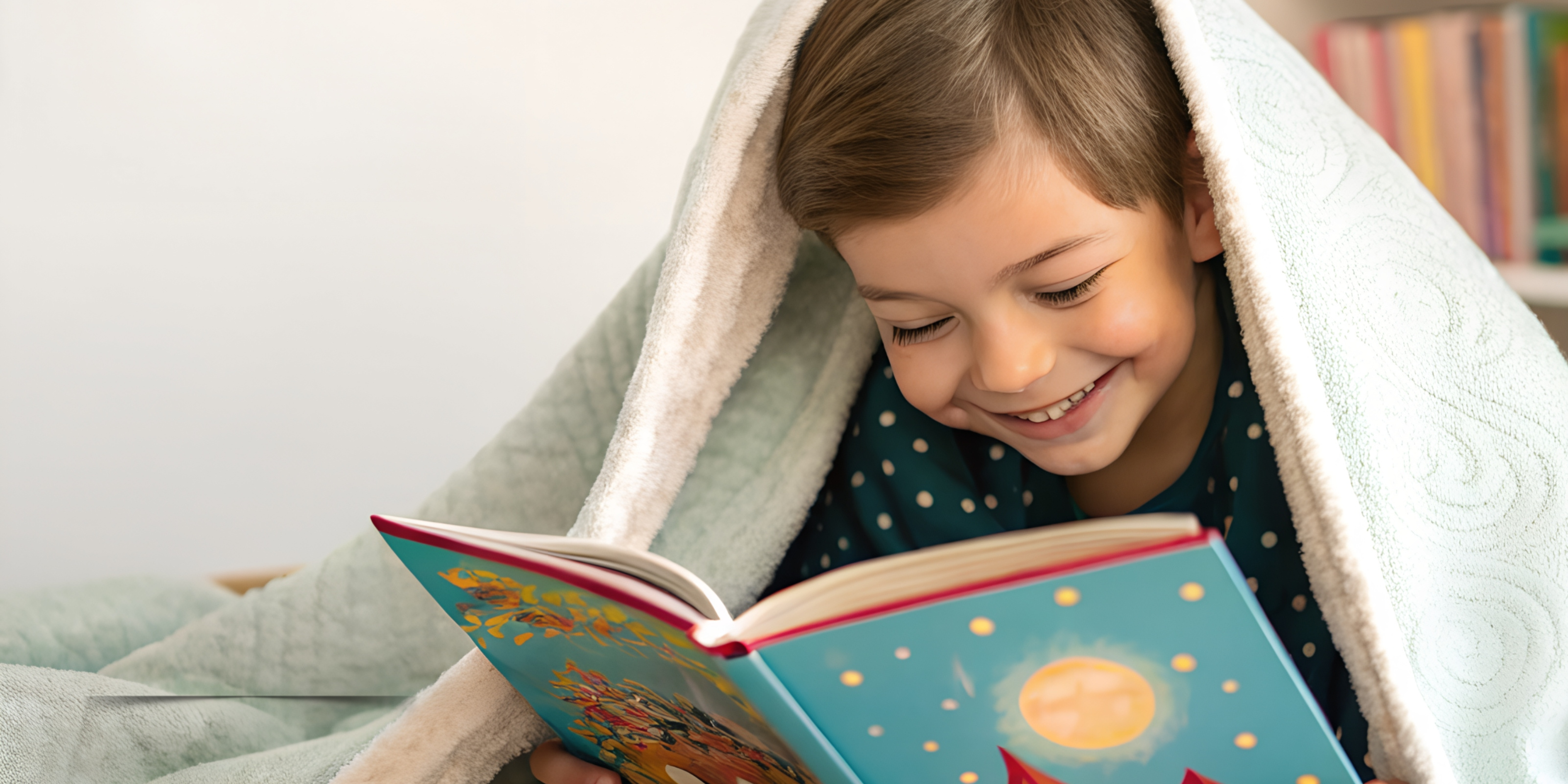 Criança sorrindo enquanto lê um livro embaixo do cobertor