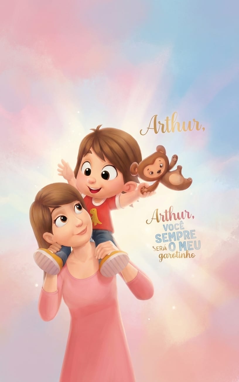 Ilustração de mãe e filho no livro personalizado Arthur, você sempre será meu garotinho